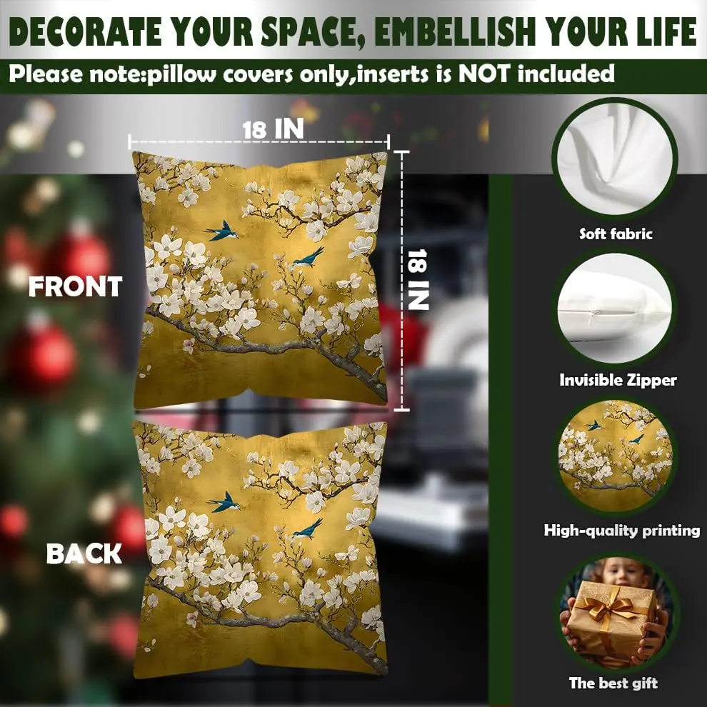 4Pcs Farmhouse Throw Pillow Cases Vintage Chinese Golden Magnolia White Flower Blue Bird Ink Painting Art Sofa Cushion Covers