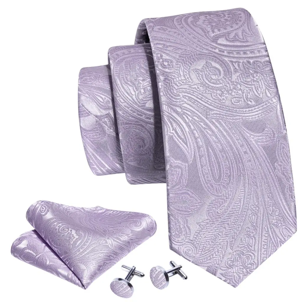 Exquisite Tie For Men Luxury Lilac Purple Paisley Necktie Handkerchief Cufflink Set Groom Wedding Gifts Designer Barry.Wang 6402