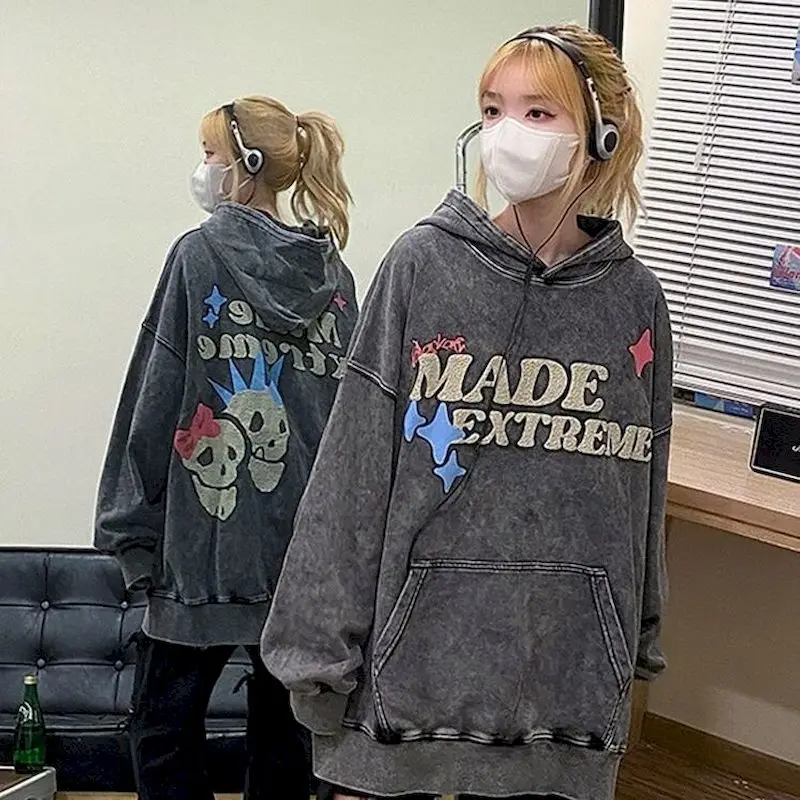 

Vintage Hip-hop Hoodies for Women and Men American Retro Hooded Sweatshirt Washed Loose High Street Hoodie Autumn Winter Tops