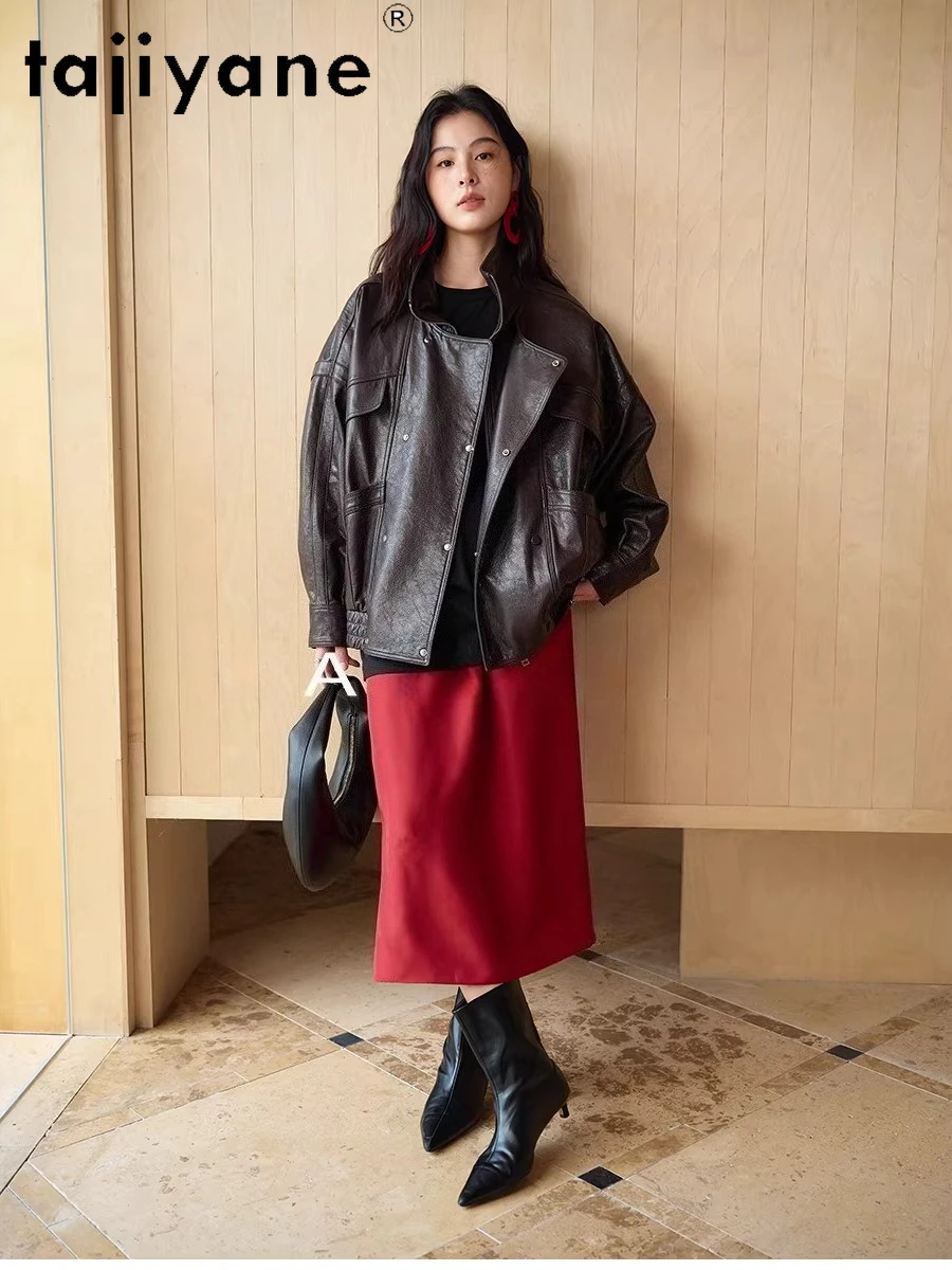 TAJIYANE Genuino Pelle di Capra Giubbotti di Pelle Delle Donne Del Collare Del Basamento Cappotto Vintage Giacca di Pelle Reale 2025 Autunno Donna Vestiti дубл onderка