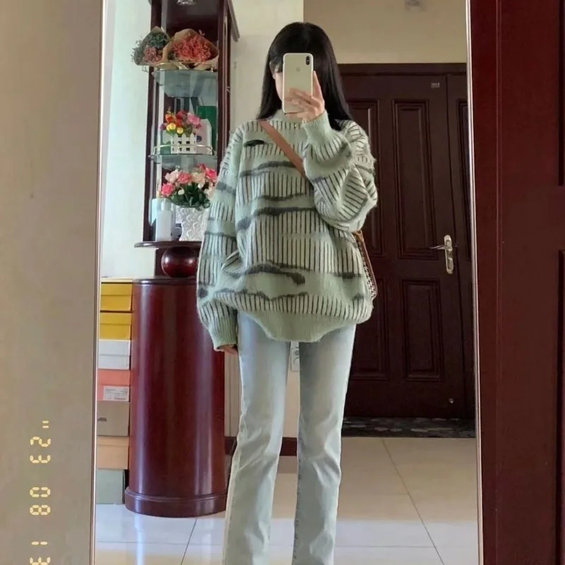 

Women's Mohair Pullover Sweater for Autumn and Winter 2025 Loose and Lazy Winter Top Retro and High-end Striped Knit Sweater
