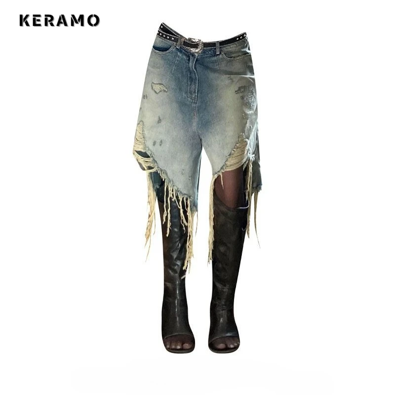 

Винтажные рваные джинсы в стиле Харадзюку, свободные джинсы, уличные повреждения, эмо, широкие тройные шорты, женские потертые джинсовые шорты с кисточками Y2K