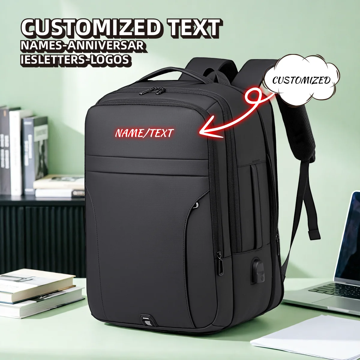 Customized Logo Backpack for Men, Large Capacity, Three-Dimensional Shape, Student Computer Bag, Multi-Functional for Commuting, Business Trips, Travel Backpack, Personalized DIY