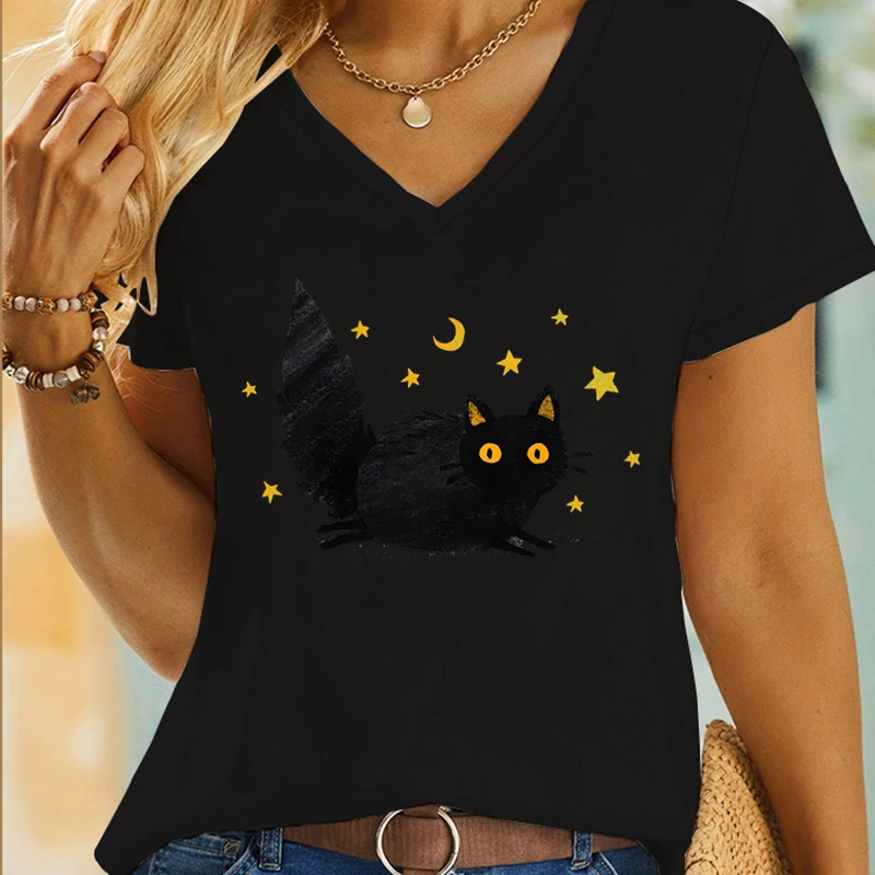 Trendy V-neck Girls Clothing Stars and Moon Cat Graphic Short Sleeve T-shirt Cat Mom Gift Fashion Summer PremiumT-shirts Female