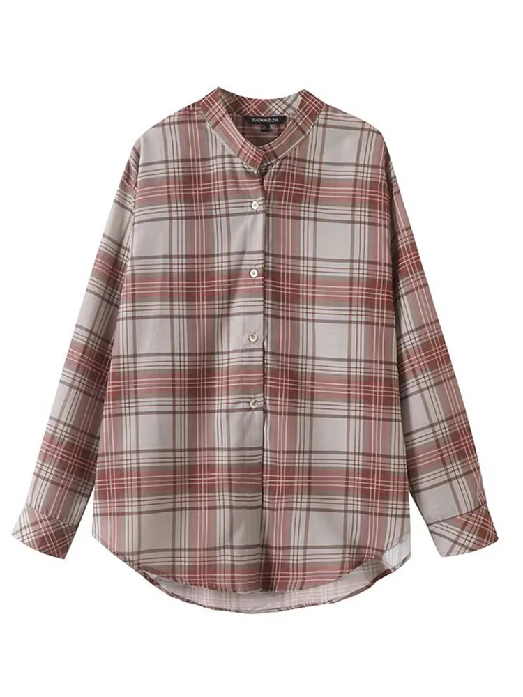 

European style new women's fashion versatile temperament retro plaid loose version stand collar long sleeve shirt top