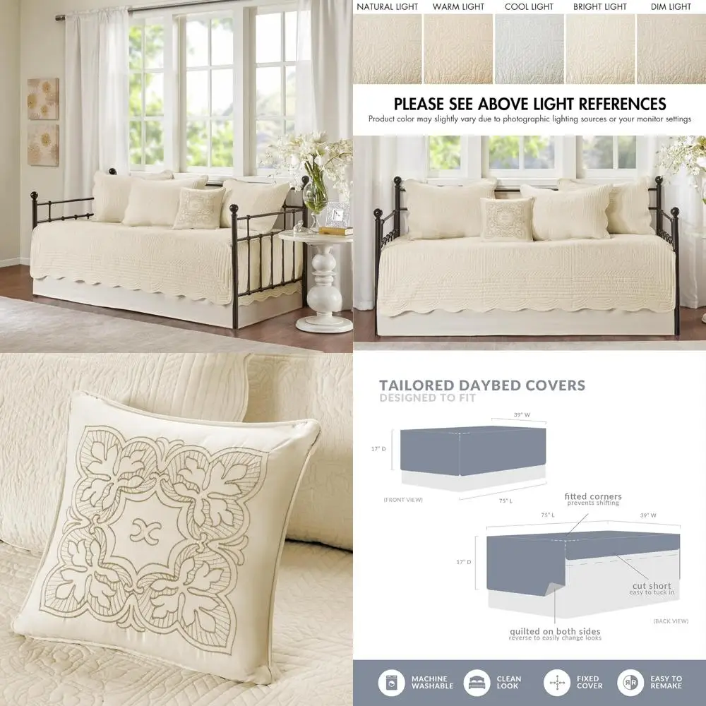 

Coastal Damask Daybed Cover Set - Pre-Washed Cotton Quilted Bedding with Scallop Edges for All Seasons