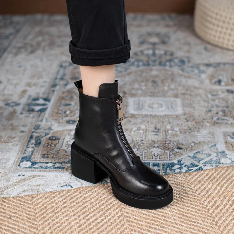 Retro Mature Female Concise Women Ankle Boots Genuine Leather Thick Heels Winter Front Zipper Office Shoes Woman Platform Boots