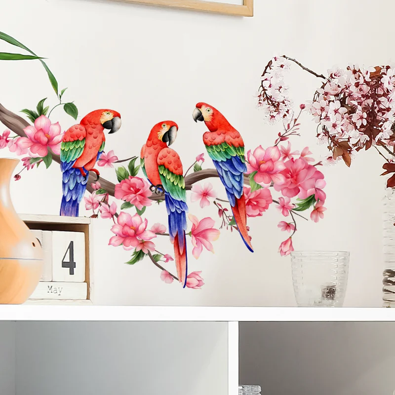 Creative Cartoon Peach Blossom Parrot Wall Sticker Tree Branch Home Cabinet Living Room Background Decoration Wall Sticker