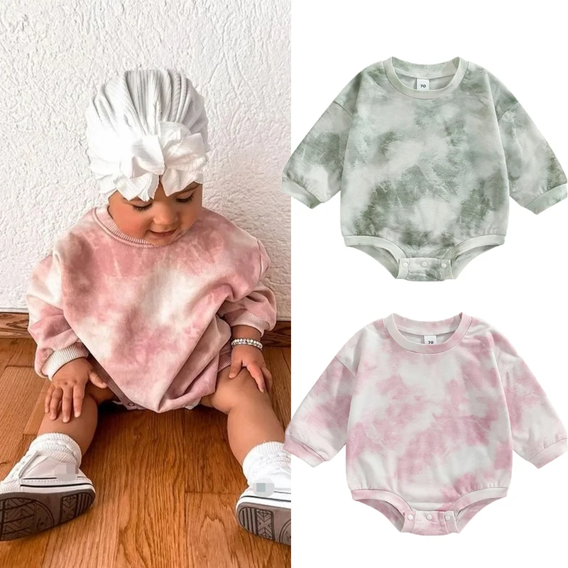 Autumn Spring Baby Girls Boys Sweatshirt Romper Long Sleeve Tie-Dye Printing Button Jumpsuit Fashion Infant Newborn Clothes