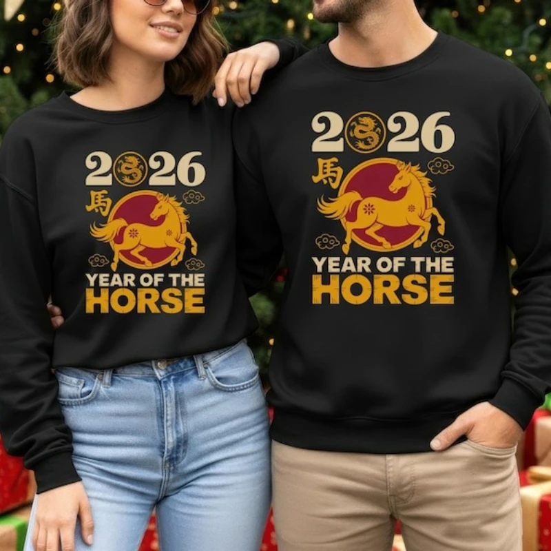 سعيد الحصان السنة الجديدة ومقاسات الكبار الصينية زودياك الخريف والشتاء البلوز عطلة هدية مطابقة هوديس البلوز