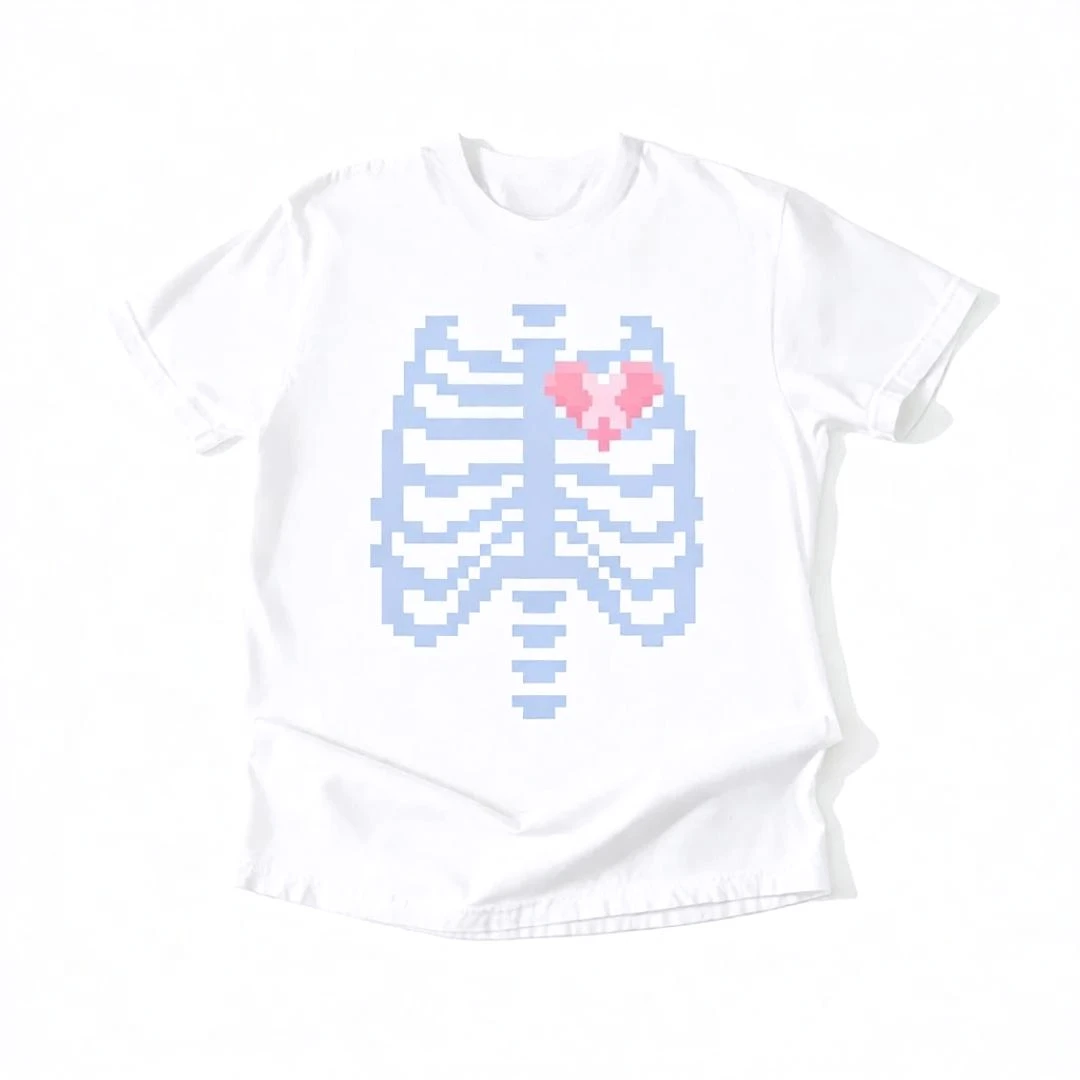 Rosa Rippen-Skelett-Fledermaus-Print Damen Oversized T-Shirt Halloween Pastell Goth Stil Kleidung Kawaii Streetwear Top Damen Herren T-Shirt – Detail 7