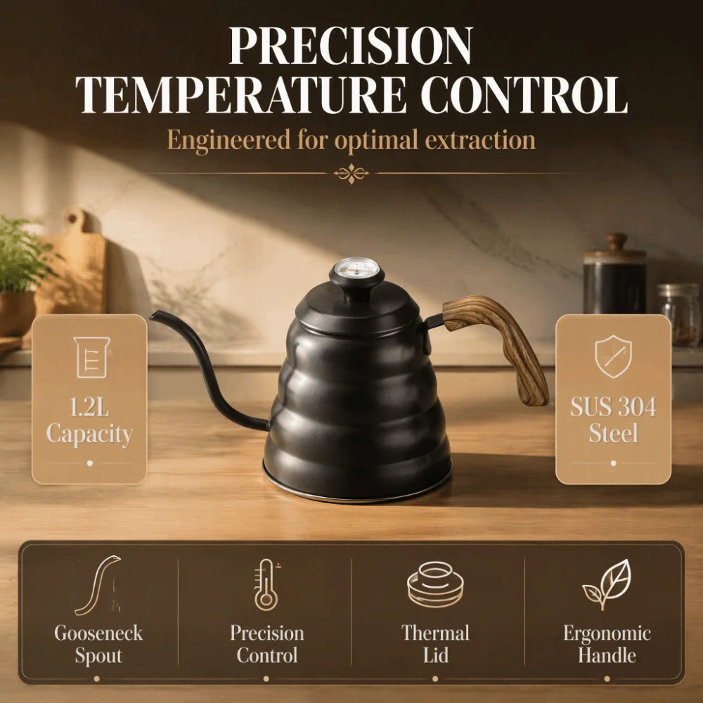 1.2L Capacity Pour Over Coffee Kettle Stainless Steel 40.6oz Volume Gooseneck Coffee Pot Black Finish Built-in Thermometer