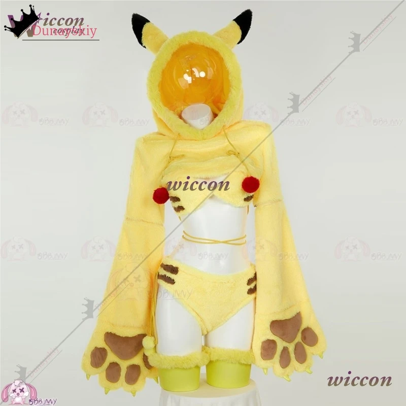 

YiNuo@Pikkaaachu ‌‌doujin PM Derivative Furry Paw Yellow Furry Sexy Lingerie Set Big Paw Gloves Hoodie Bra Tail Cosplay Costume