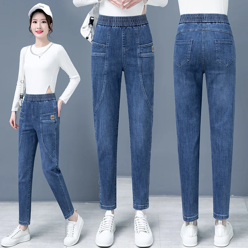 

Прямые джинсы с высокой талией и эластичной резинкой на талии, женские модные брюки Harlan Dad, весенне-осенние хлопковые эластичные джинсы
