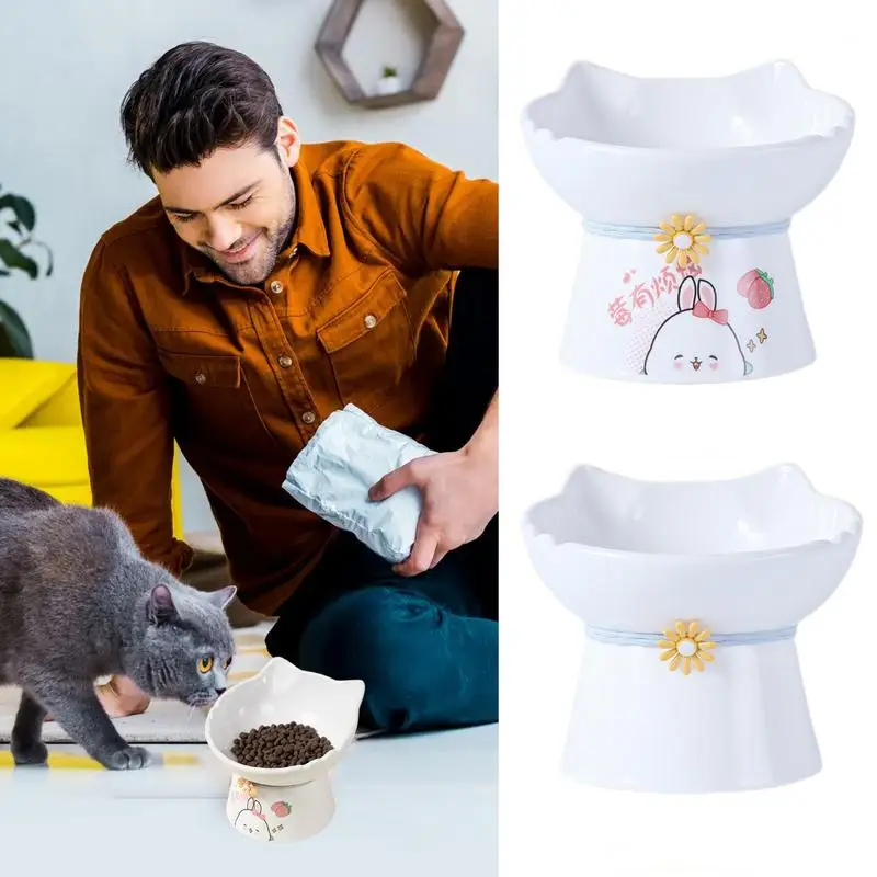 Elevated Cat Bowls Tilted Kitten Food Bowl Ceramic Cat Dish Raised Cat Feeding Bowls Anti Vomit Cat Food Dish Whisker Friendly