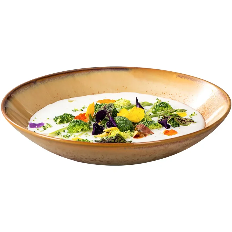 Ceramic Salad Shallow Ramen Bowl Luxury Restaurant Banquet Hall Rustic Ceramic Shallow Dish Dinnerware Glazed Rustic Speckle