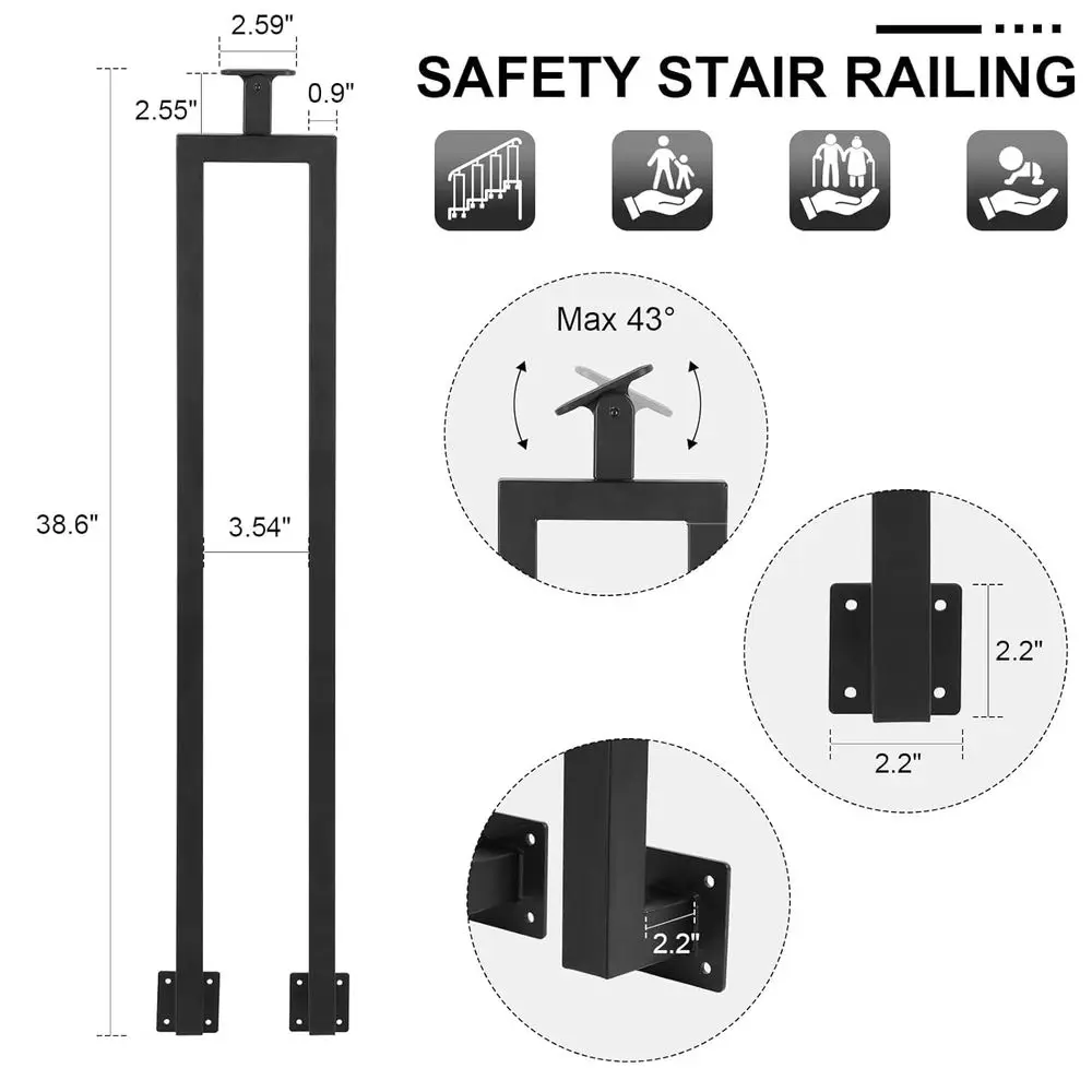 درابزين درج علوي قابل للتعديل على شكل حرف U 38.6 للدرج الداخلي، درابزين من الحديد المطاوع على الجانب للدرابزين، Por