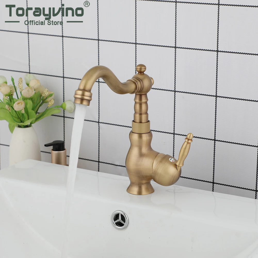 Torayvino Antique Brass Bathroom Faucet Basin Sink Swivel Faucets Vanity Solid Brass Deck Mounted Hot And Cold Mixer Water Tap