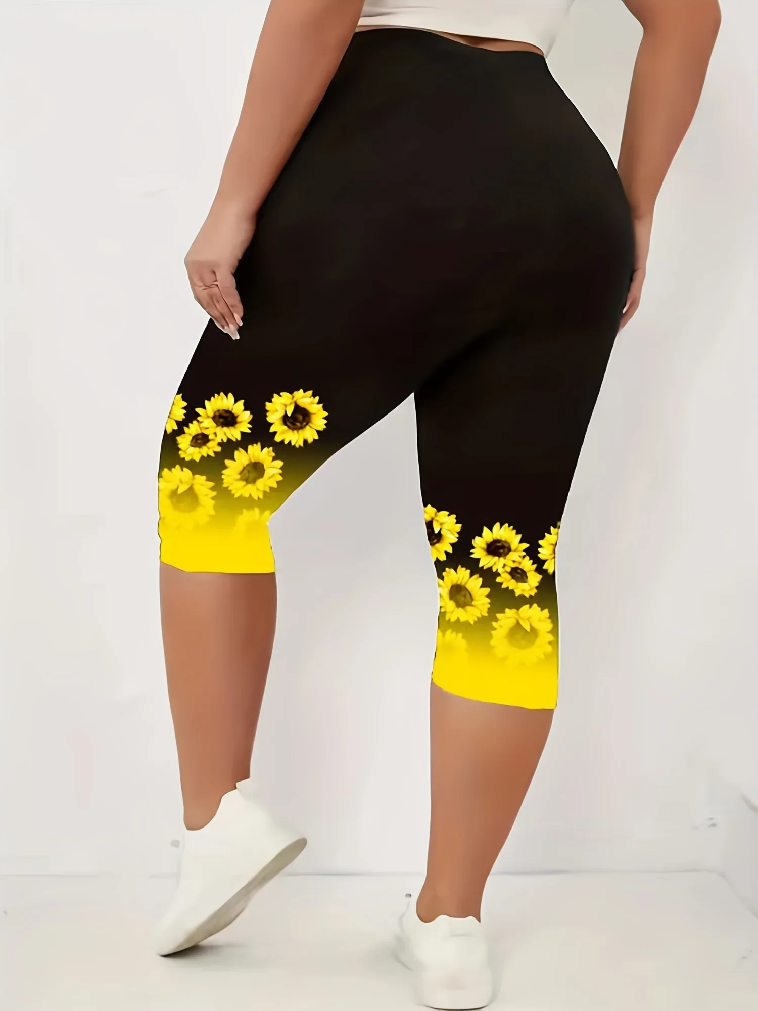 Women\'s Plus Size 1XL-5XL Summer Fashion Sunflower Print Leggings Fitness Sports Seven Point Leggings Casual  Yoga Leggings