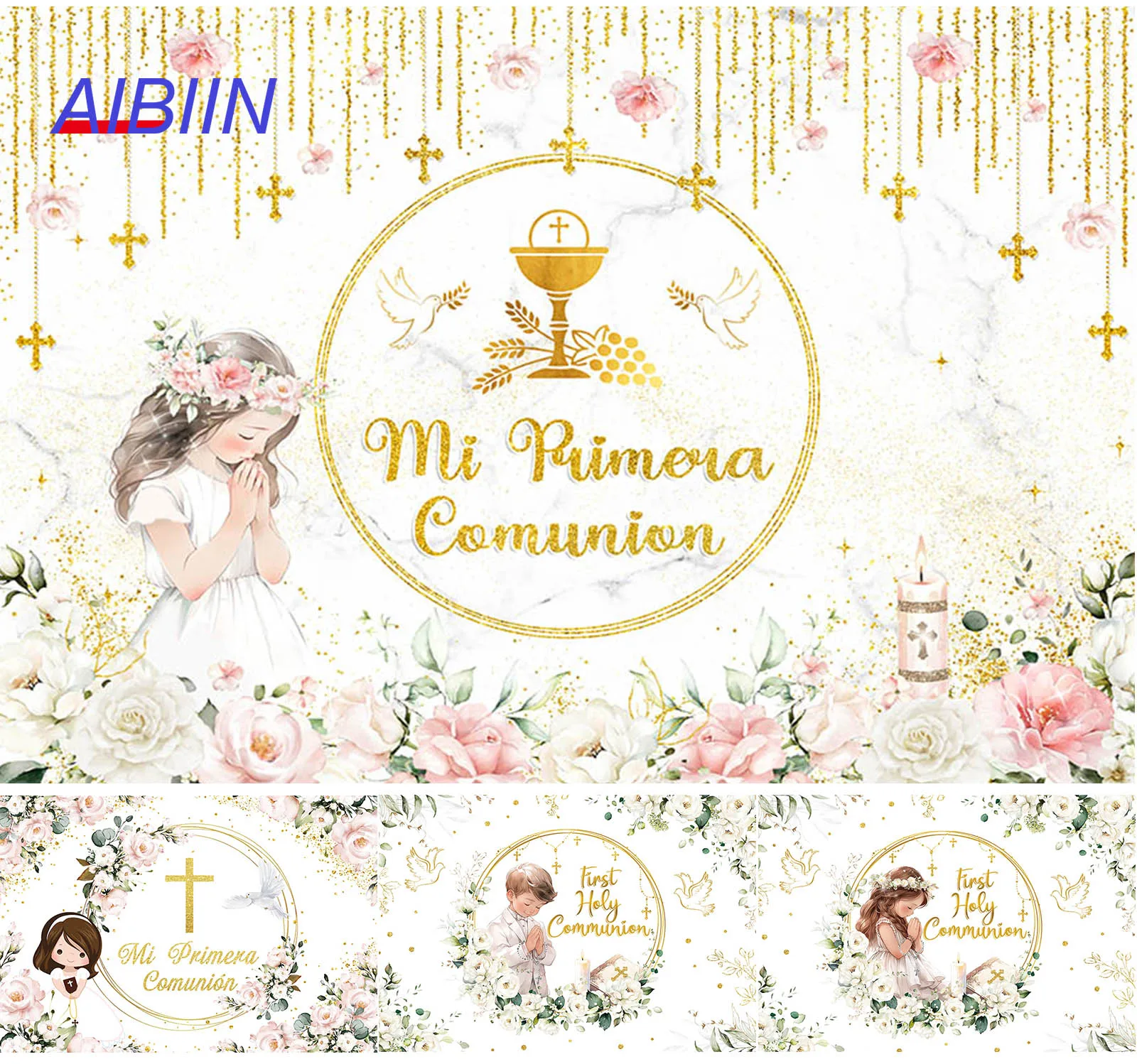 

First Holy Communion Backdrop Gold Dots Flowers Gold Cross Boy or Girl My Baptism Party Decor Kids God Bless Photo Background