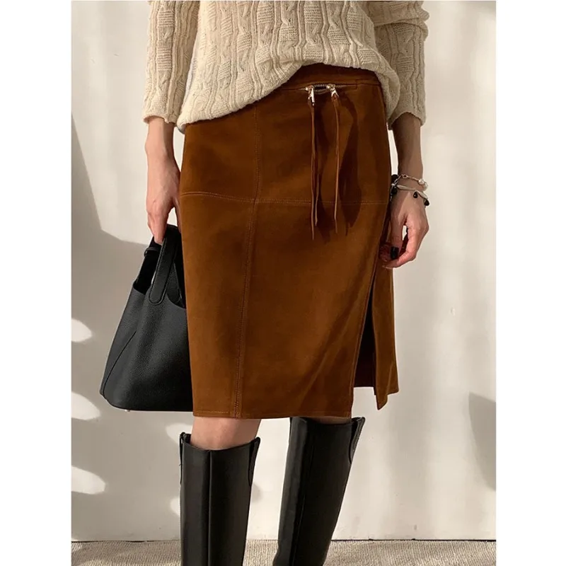 

Autumn Leather Sheepskin Retro Skirt High Waist Split Skirt