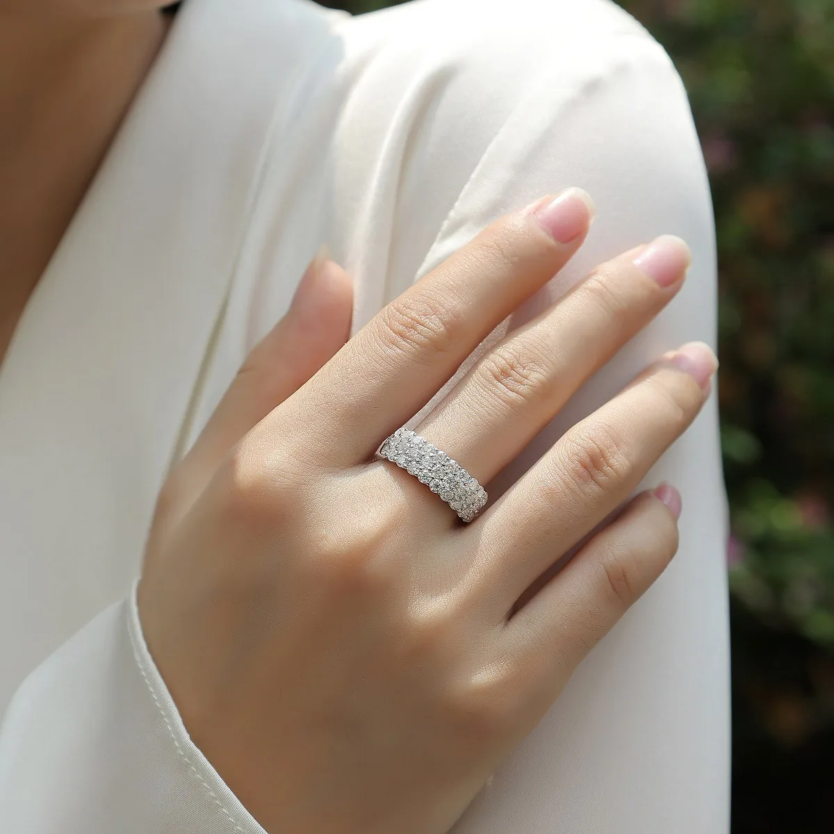 WSHUO 3-Row D VVS1 Moissanite Rings for Women 925 Sterling Silver Plated Solid 18k White Gold Half Eternity Anniversary Jewelry