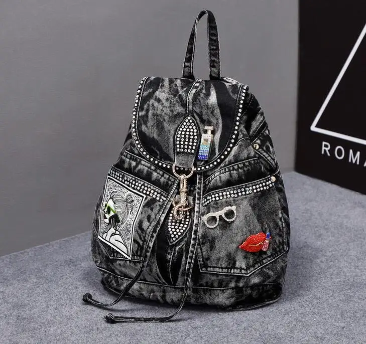 

New Women Diamond Backpack Denim Canvas Fabric Drawstring Bucket Bag Personality Trend Ladies School Bag Spring Autumn Denim Bag