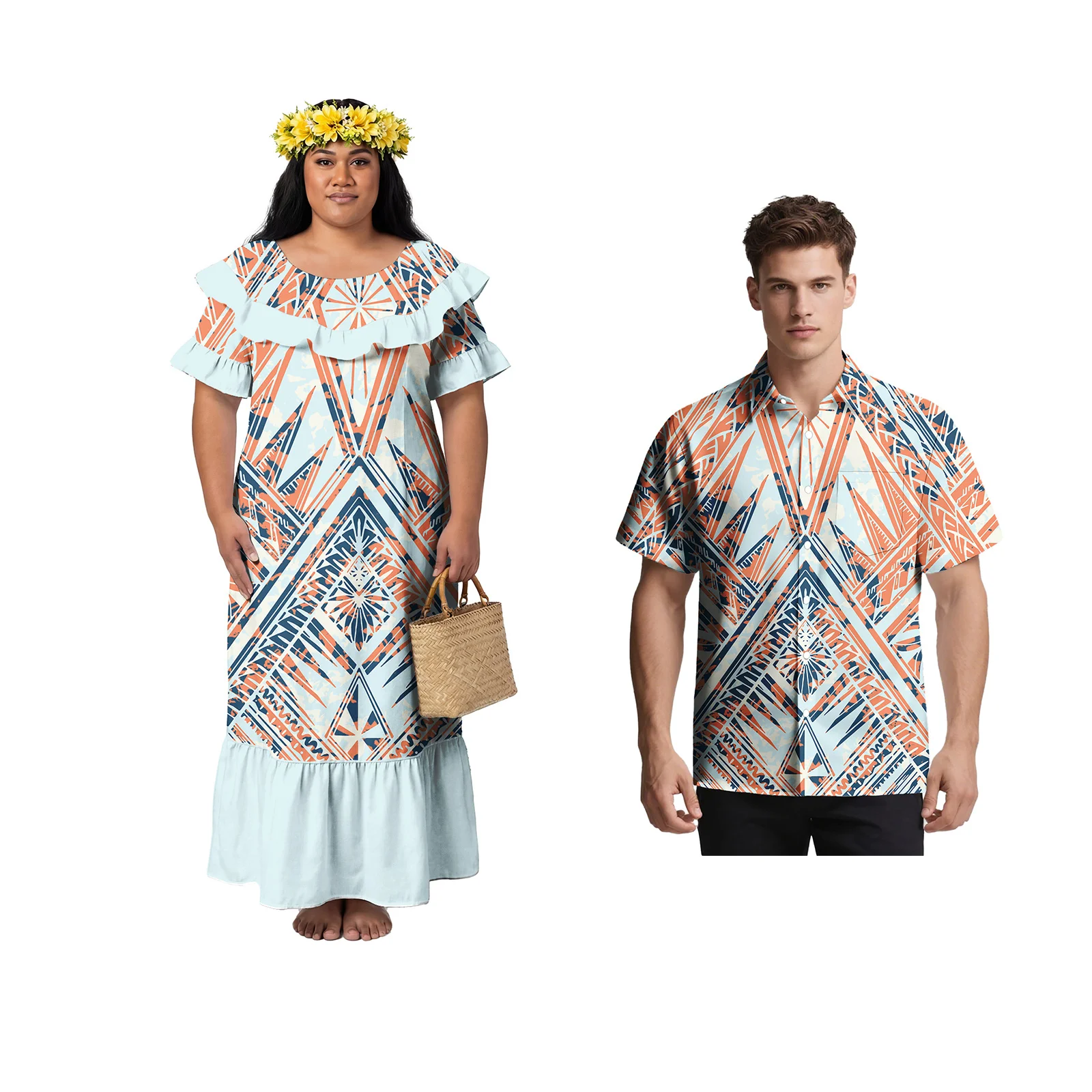 

Plus Size Matching Couple Outfits Aloha Dress for Ladies Polynesian Turn-down Collar Men Shirts Samoan Tribal Casual Couple Suit