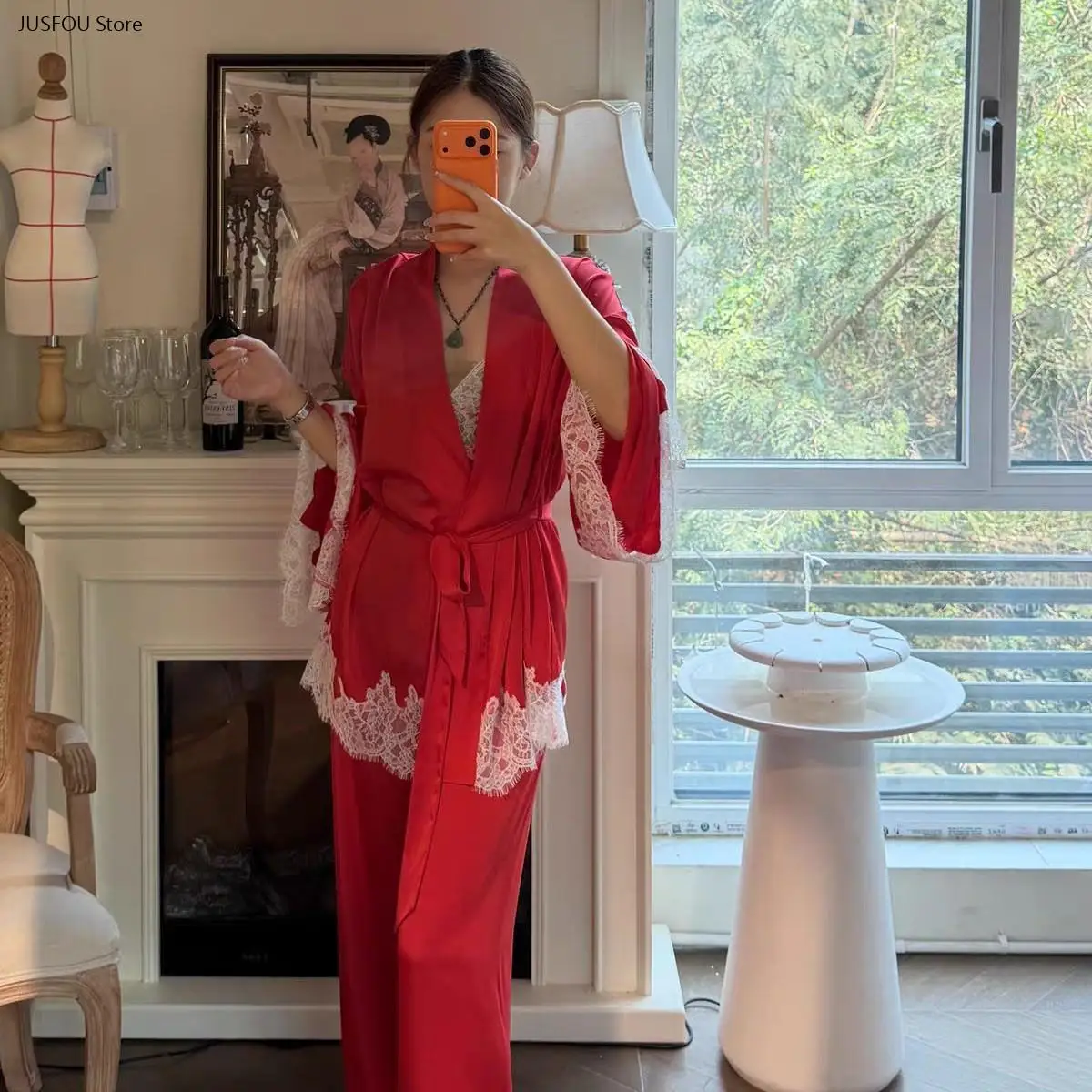 Women 3 Pieces Loungewear Set Lace Trim Spaghetti Strap Nightgown Open Front Robe Wide Leg Pants Soft Casual Home Sleep Outfit