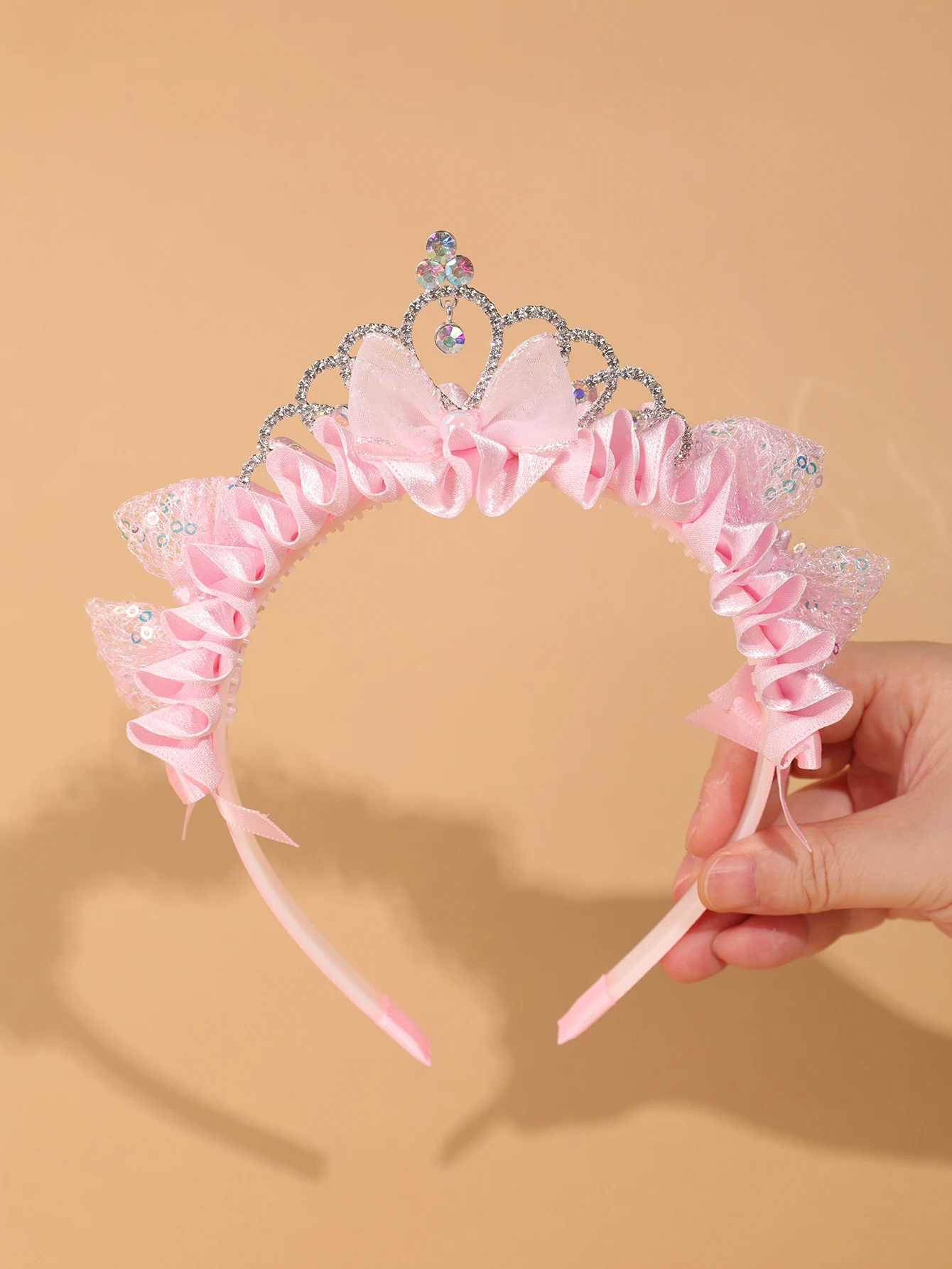 Kinder-Haarreif mit rosa Prinzessinnenkrone – Haarreif mit Pailletten-Katzenohren und Schleife für kleine Mädchen – Kopfschmuck für Geburtstagsfeiern und Aufführungen – Detail 1