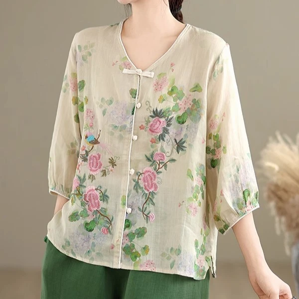 

Женская летняя винтажная рубашка на пуговицах с вышивкой, модная блузка контрастного цвета