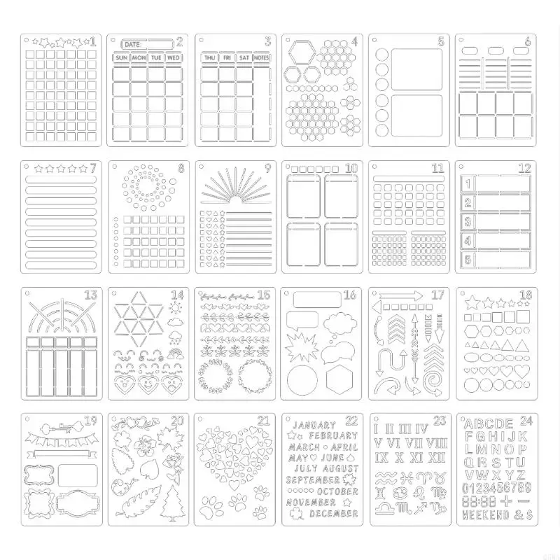 Q5WA 24PCS Planner Strancils DIY Шаблоны рисования для ноутбука дневник записной книжки