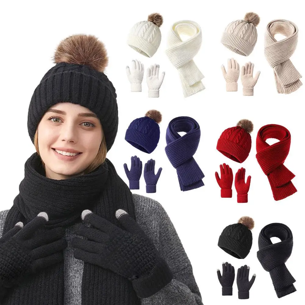 الفراء الكرة Pompom بيني الرقبة أدفأ الصوف متماسكة وشاح للرقبة قفازات كاب 3 قطع مجموعة الحرارية رشاقته محبوك قبعة وشاح قفازات #4