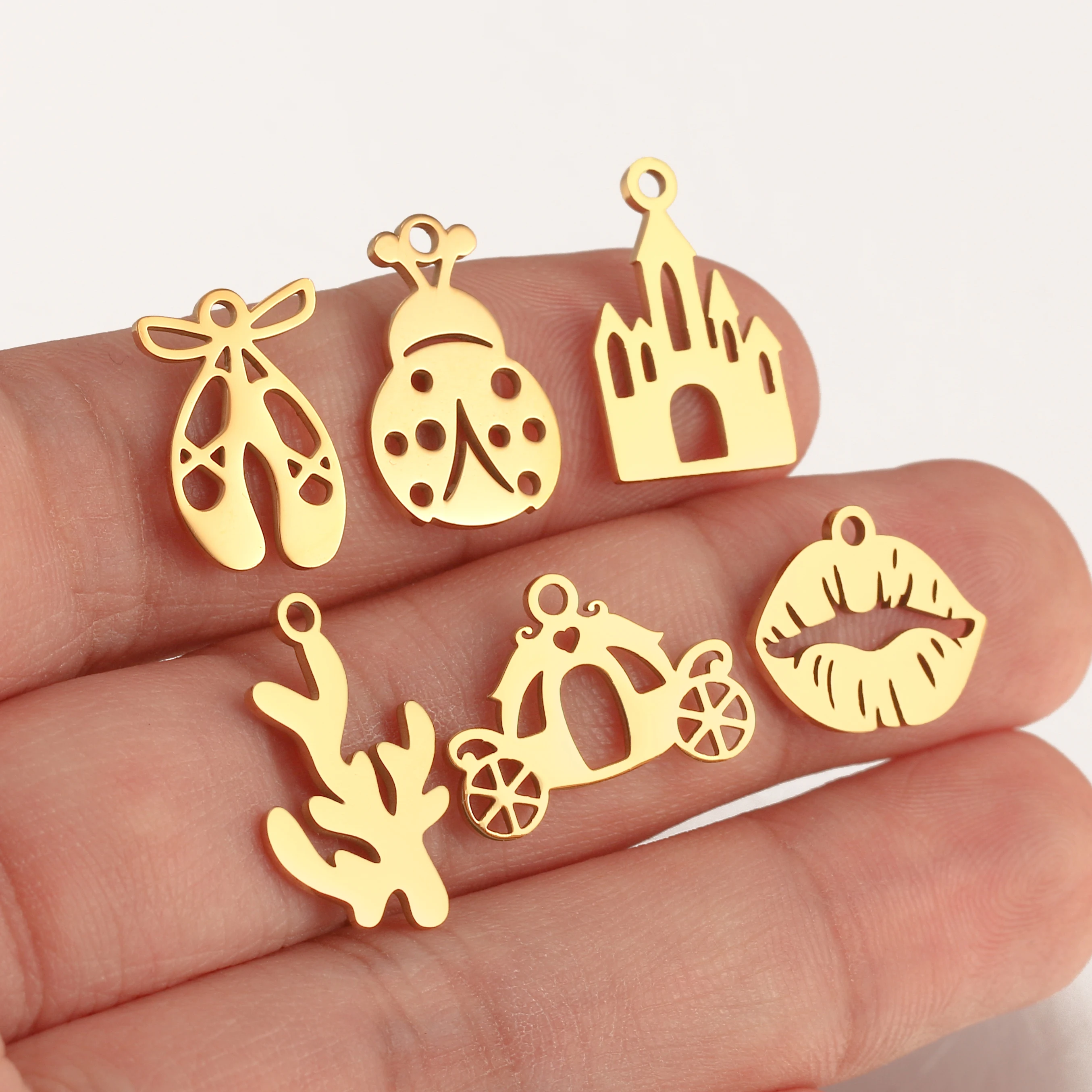 5Pcs Ballet Shoe/Love Angel/Lip Charm Stainless Steel Fadeless Fantastical Castle Pendant DIY Necklaces Bracelet Jewelry Making