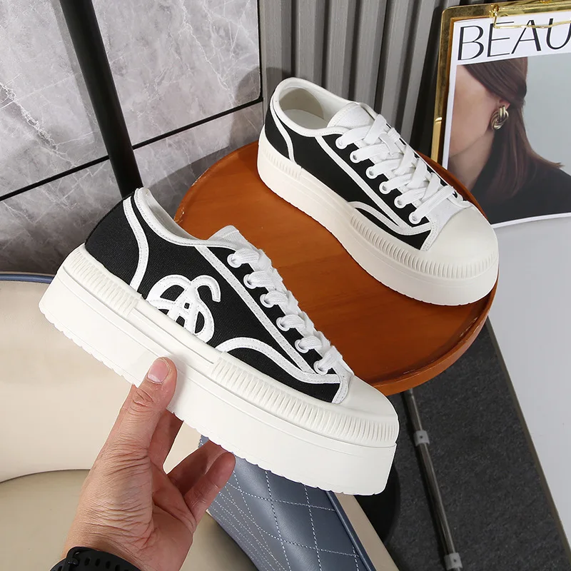

Women's Lace-Up round Toe Canvas Shoes Anti-Slip Wear-Resistant Thick Bottom Heightening Slimming Casual Sports Footwear