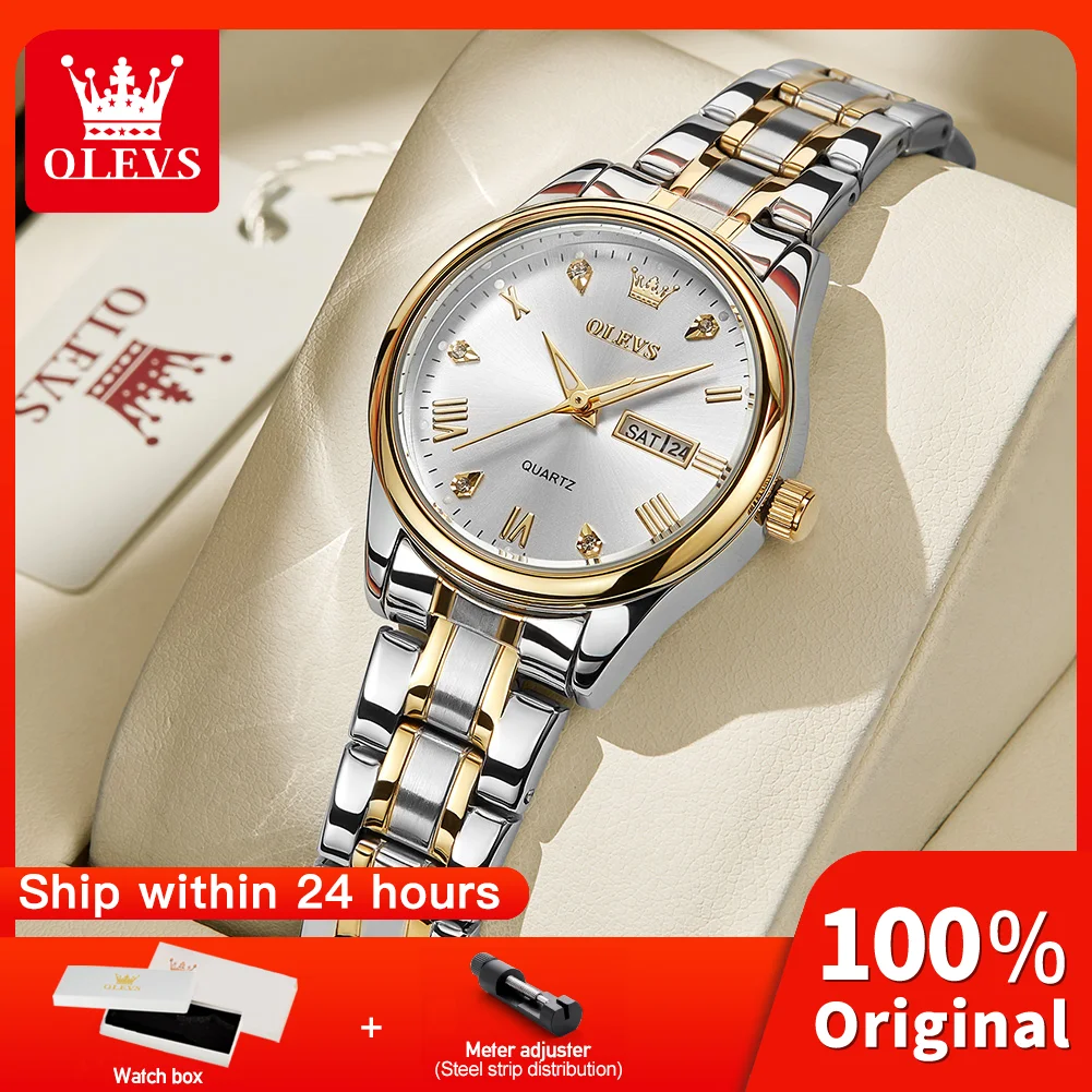 

OLEVS 5563 женские часы оригинальные водонепроницаемые светящиеся кварцевые часы с циркониевой шкалой Reloj часы с двойным календарем для женщин