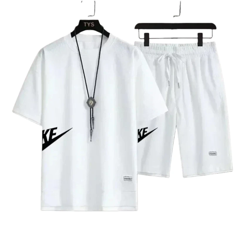 

Новая летняя мужская вафельная удобная повседневная модная спортивная одежда, мужская футболка с короткими рукавами + спортивные шорты, повседневная мужская