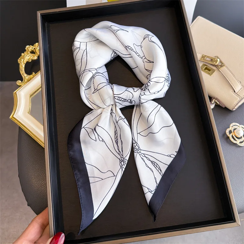 Luxuriöser quadratischer Schal mit floralen Linienzeichnungen für Damen, Seidenschals, Damen-Bandanas, Hijab, Halstuch, eleganter Schal für Reisen – Detail 9