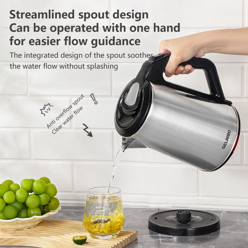 غلاية كهربائية GELAIBO، غلاية سرعة، غلاية كهربائية من الفولاذ المقاوم للصدأ، إيقاف تشغيل أوتوماتيكي منزلي، غلاية بزر واحد، كهربائي