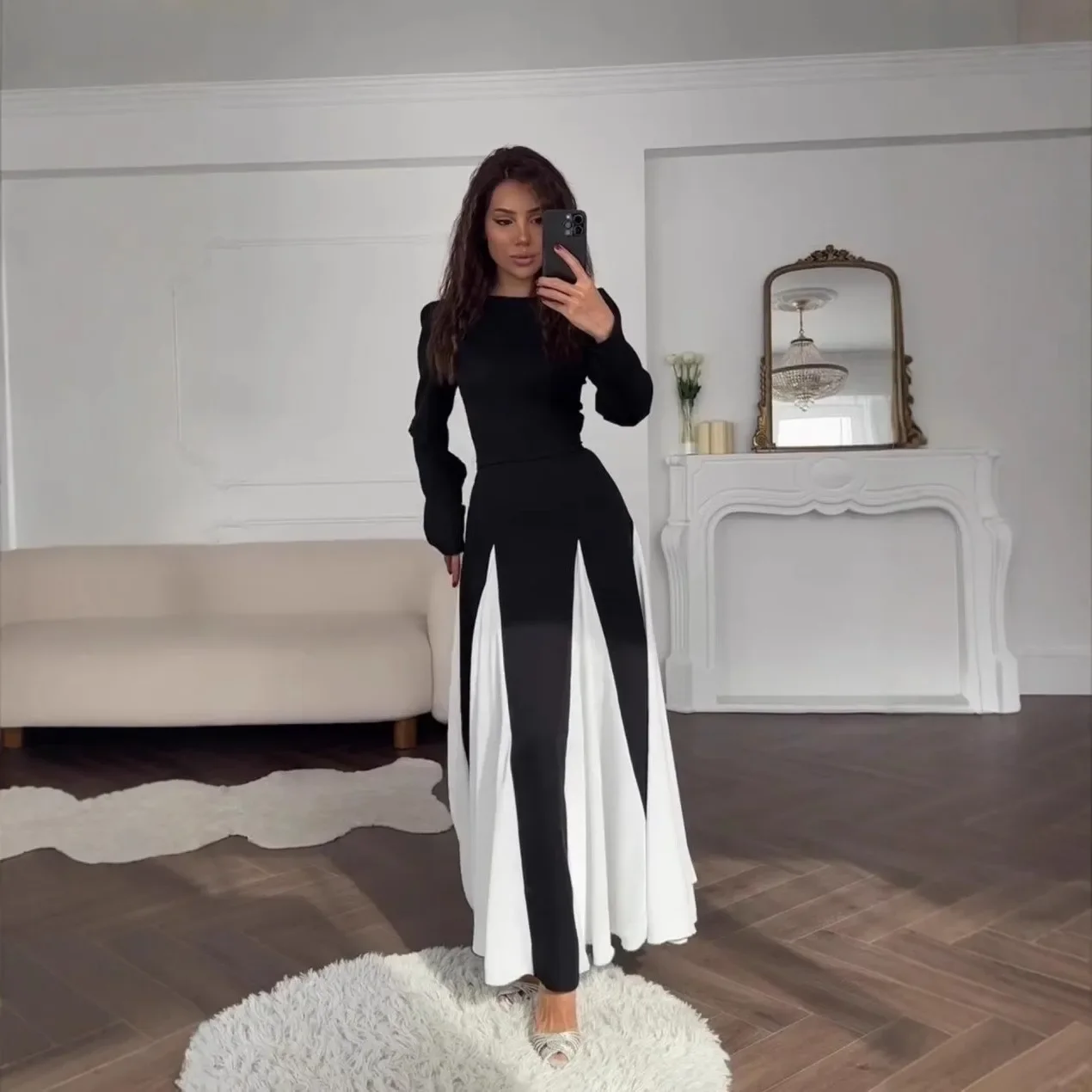 

Waist Slimming Vintage Dress Elegant Atmosphere Gown Fall Winter New Style Women's Long Sleeve round Neck Color Block High