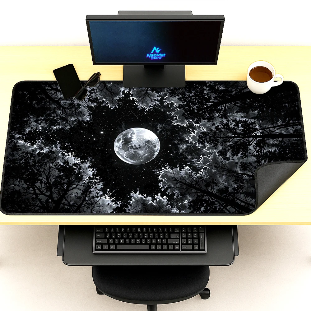 Starry Forest Table Mat Large 120x60 White Moon 5mm Thick Giant Night Sky Gaming Mousepad Black Accessories Deskmat