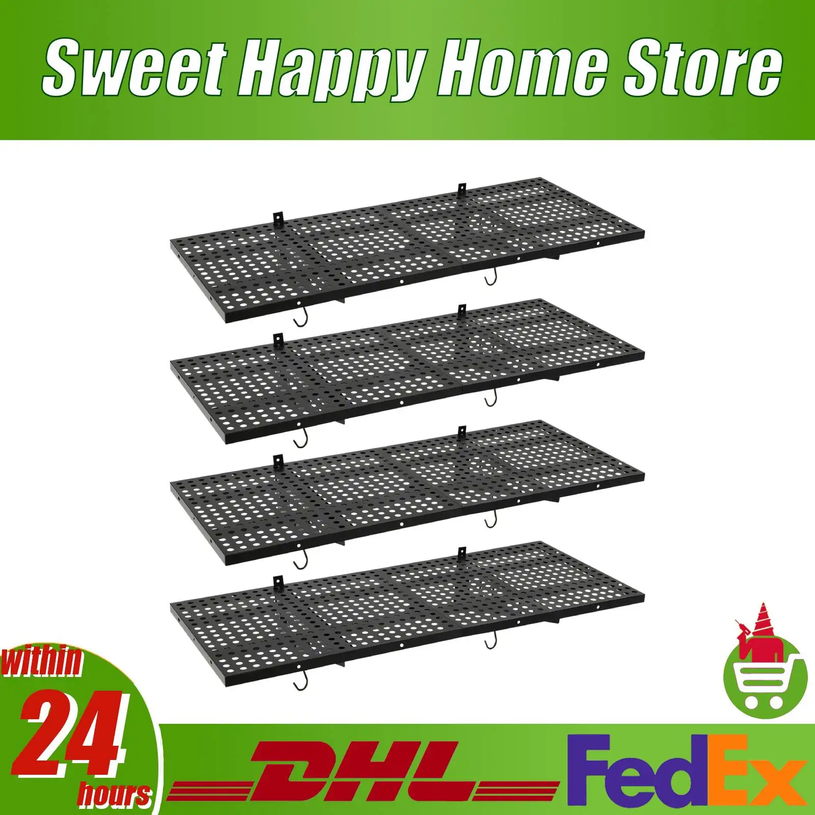 

560LB Load Capacity Carbon Steel Garage Wall Mount Rack Carbon Steel Pegboard with Adjustable Hooks Double Layer Storage Shelf