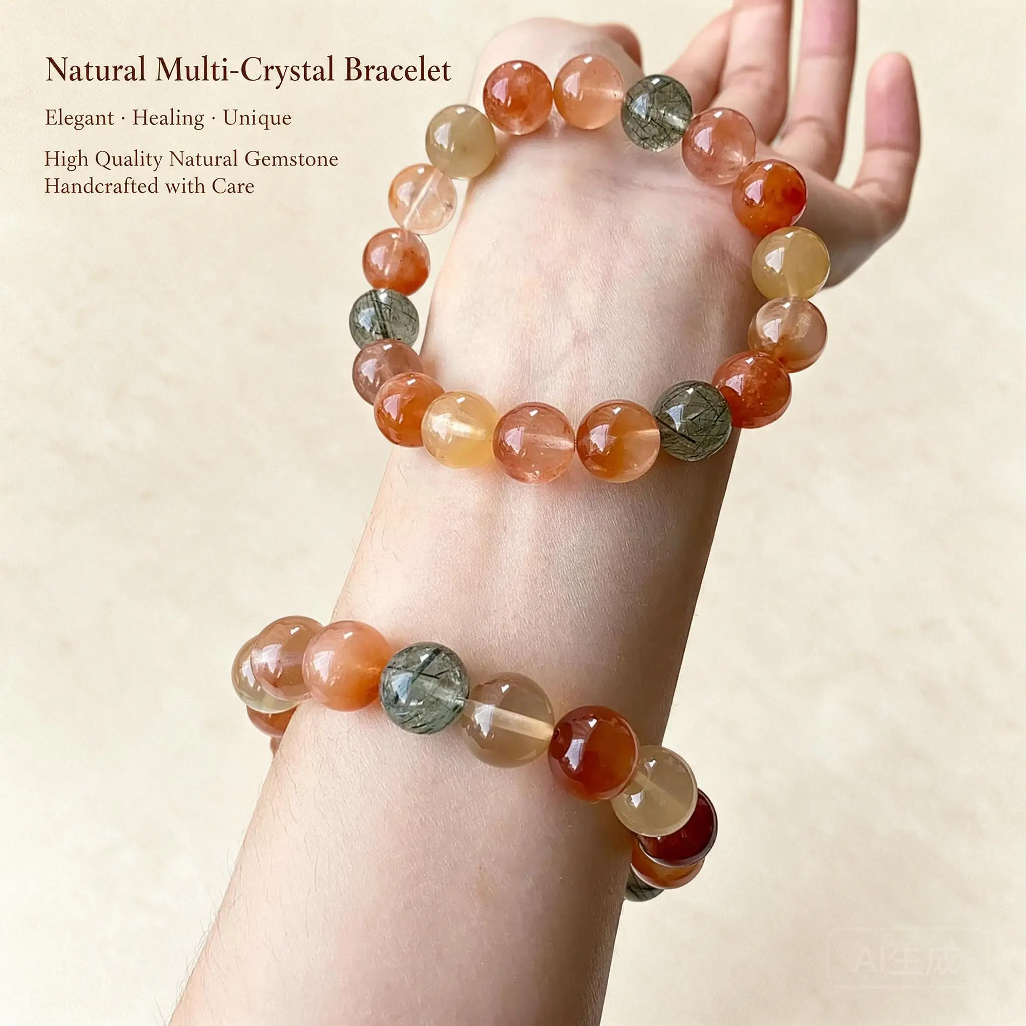 Chinese Style Natural Mixed Rutilated Quartz Handstring Bracelet Fu Lu Shou Lucky Blessed Wealth Fortune Birthday Gift For Women