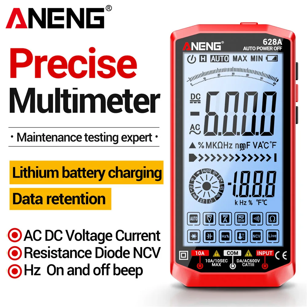 Multimètre numérique professionnel rechargeable 6000 points de mesure, tension AC/DC, courant, ampèremètre, détecteur de condensateur, outils d'électricien