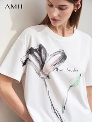 Amii Minimalism 2024 T-shirt Women Summer New O Neck Ink Art Print Cool Feeling Knit Short sleeve Loose Cotton Tee Tops 12442185