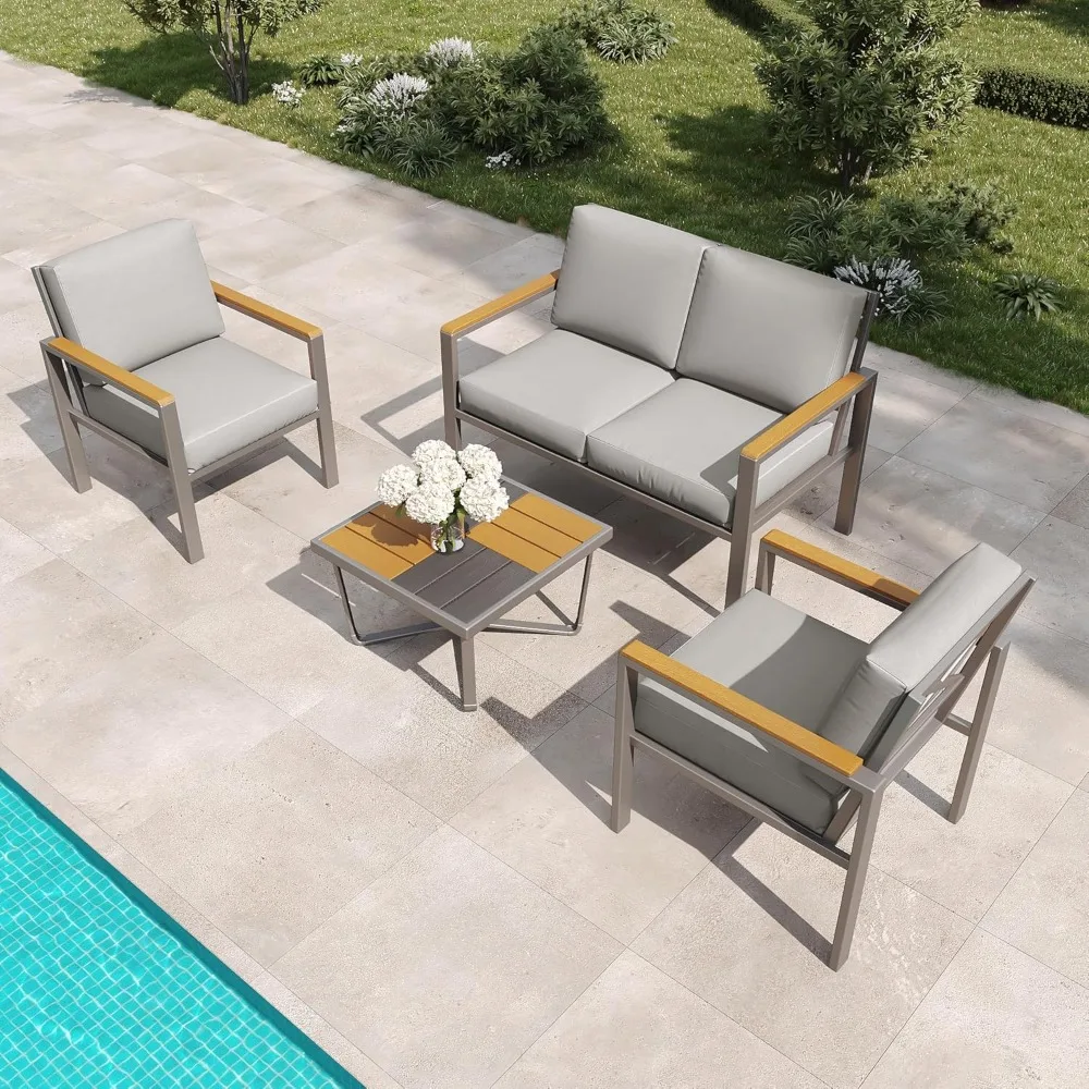 

MBY 4-Piece Outdoor Patio Furniture Set, Metal Conversation Set with Cushions & Wood-Like Armrests, Modern Patio Sectional with