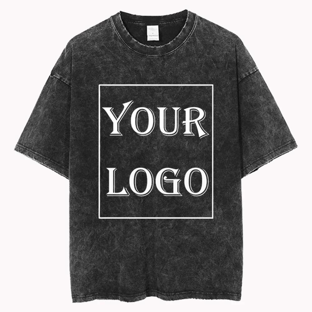 Custom Your Logo Hip Hop Streetwear Mens 100% Cotton T-Shirts Oversized Washed Top Tee Unisex Summer Retro Brand Personalized