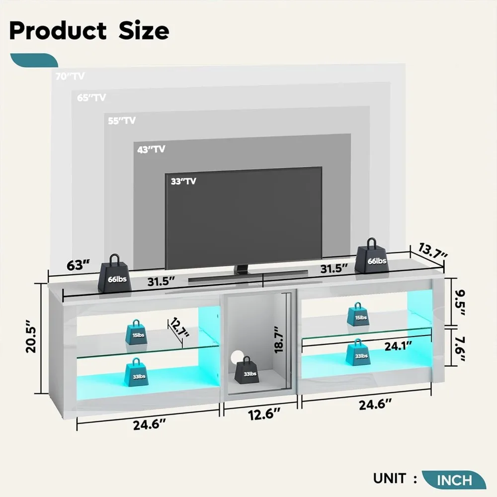 حامل تلفزيون عالي اللمعان لتلفزيون 70 بوصة، مركز ترفيه الألعاب لجهاز PS5، خزانة تلفزيون LED مع أرفف زجاجية لغرفة المعيشة، 63 بوصة