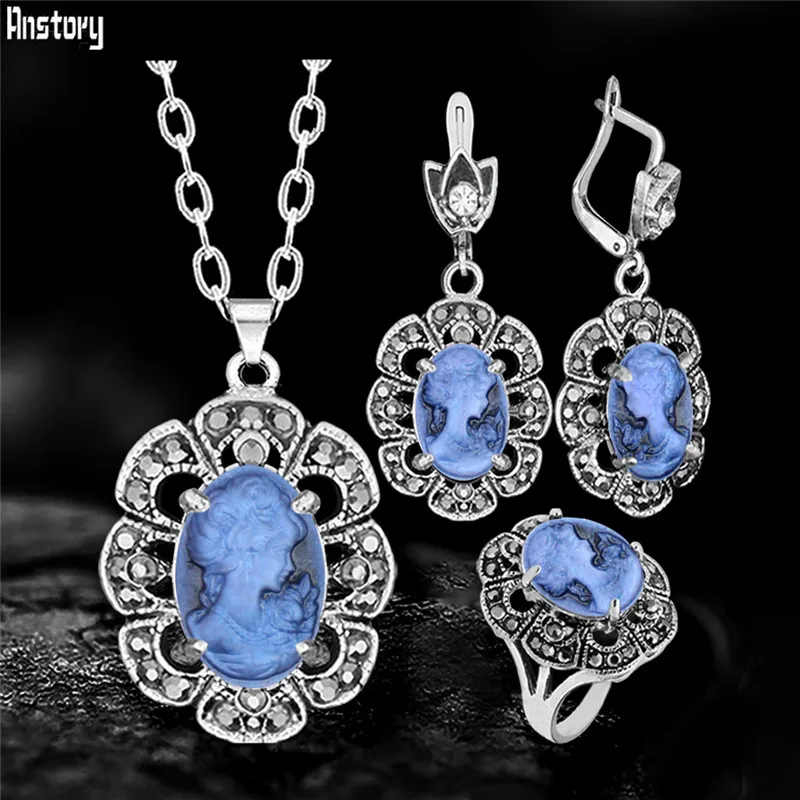 

6 Colors Vintage Flower Pendant Lady Queen Cameo Set For Women Antique Silver Plated Necklace Earring Ring Fashion Cameo Jewelry