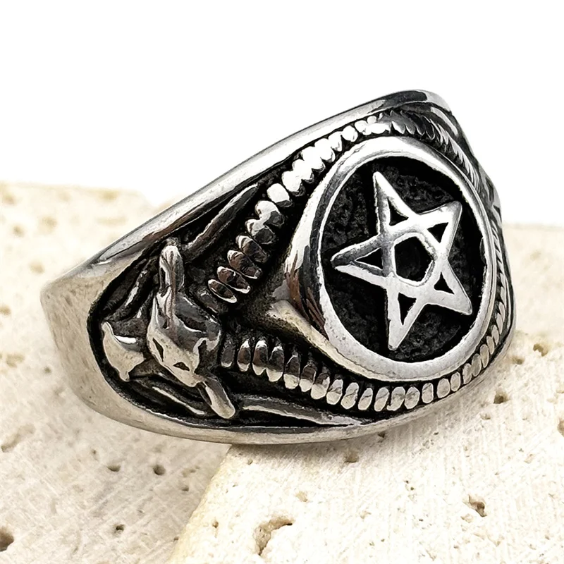 Witchcraft Evil Eye Inverted Pentagram Stainless Steel Rings Silver Color Star Finger Ring for Women Men Party Gift Jewelry